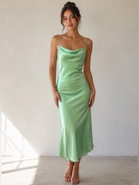 Bebe - Y2K Satin Ruffle Hem Slip Cowl Neck Spaghetti Strap Dress
